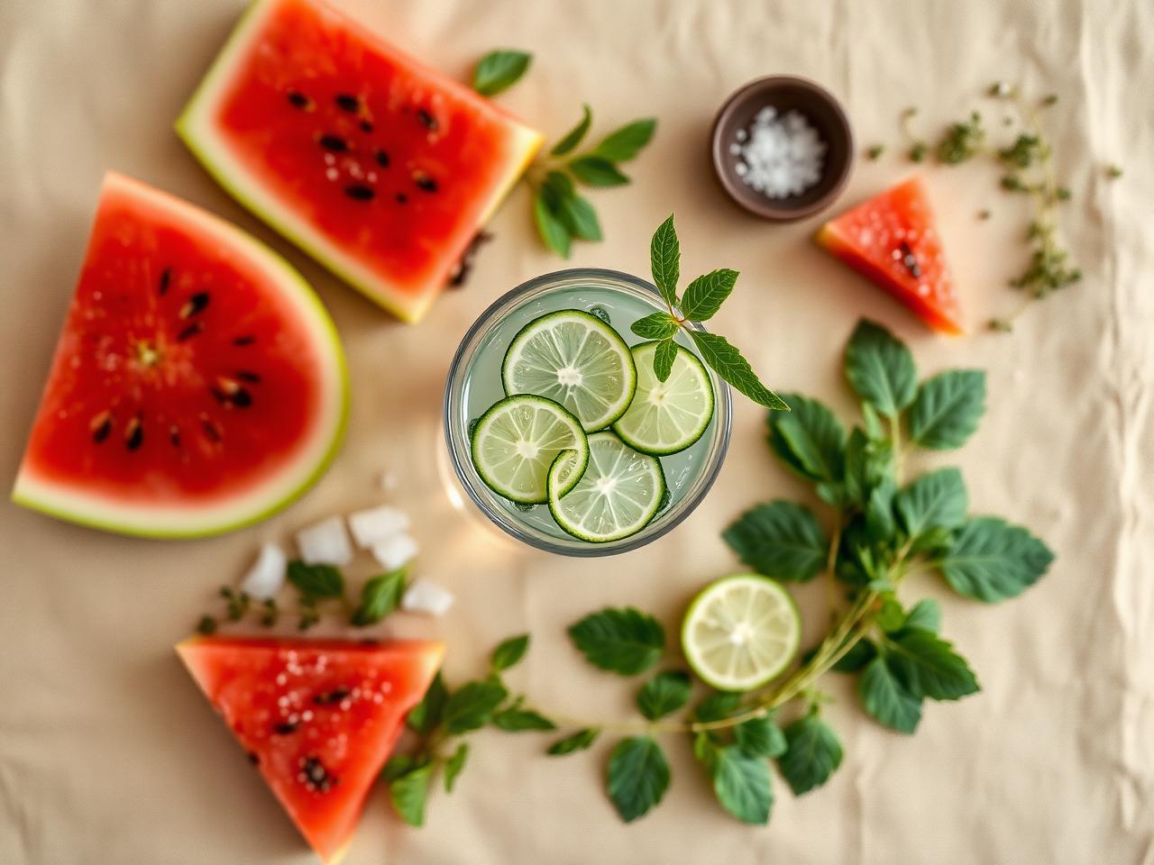 Flat lay of water, lime, watermelon, leafy greens, and sea salt — natural electrolyte sources